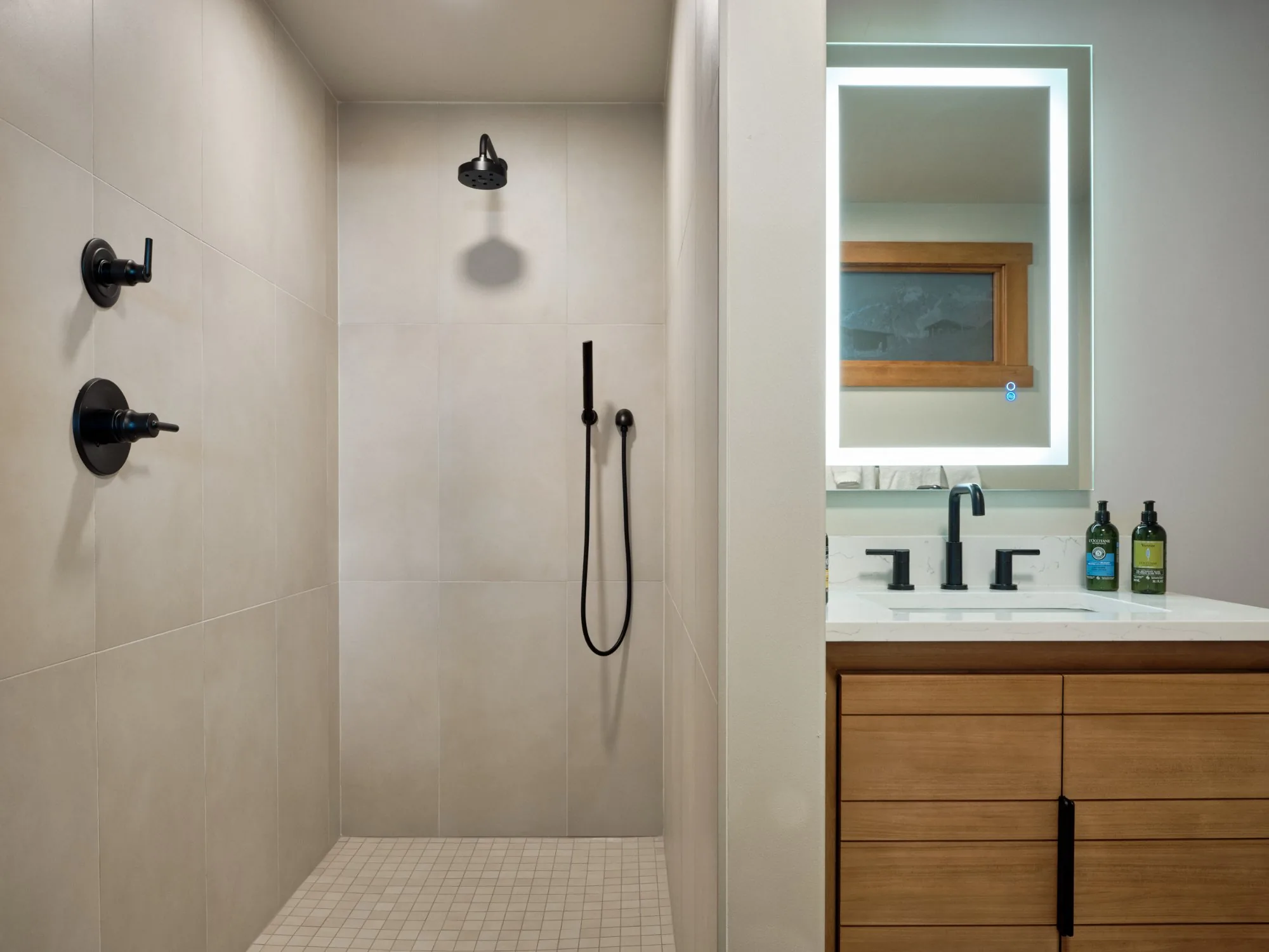 Solstice Suite walk-in shower and vanity