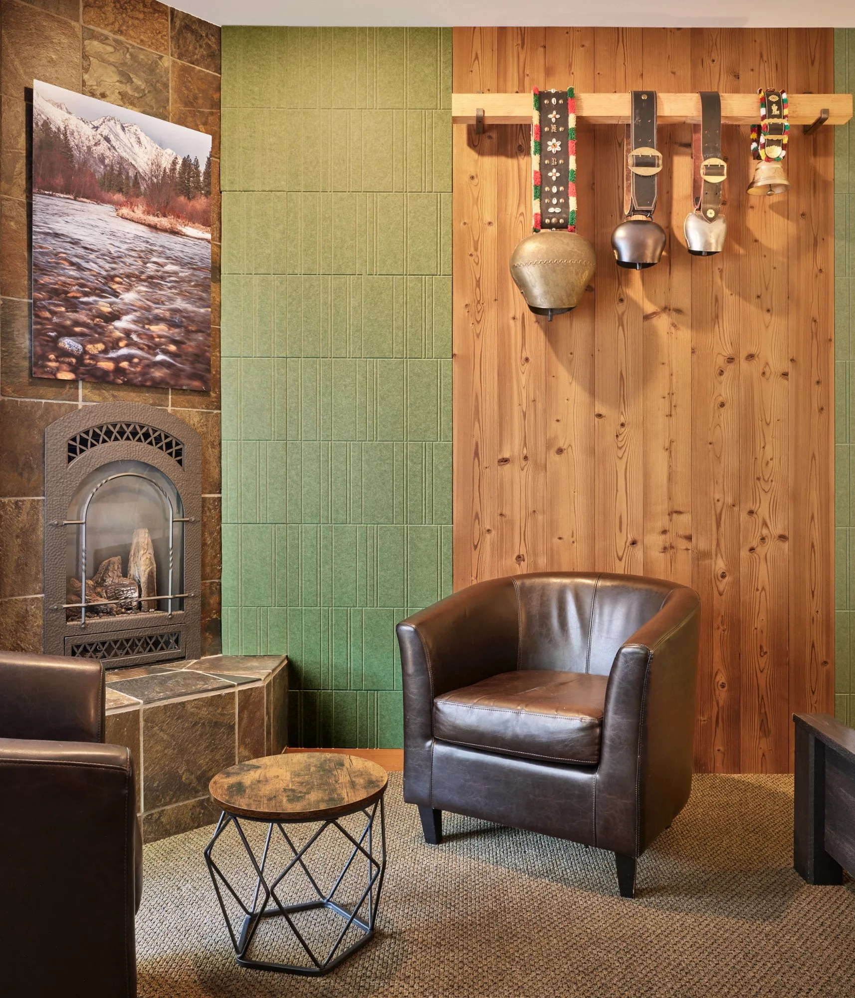 Winter Room gas fireplace with leather armchair